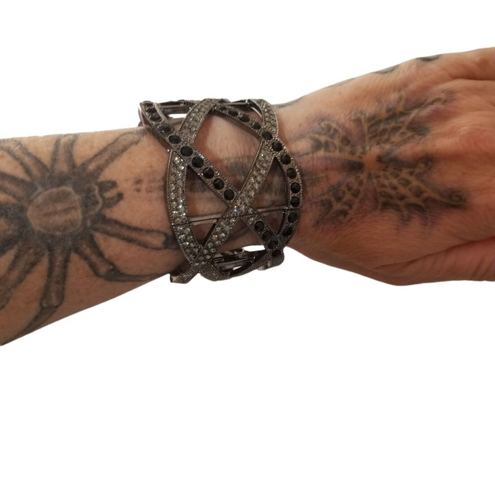Dark Silver Black Crystals Rhinestone Woven Hollow Out Cuff Bangle Bracelet - Picture 6 of 12